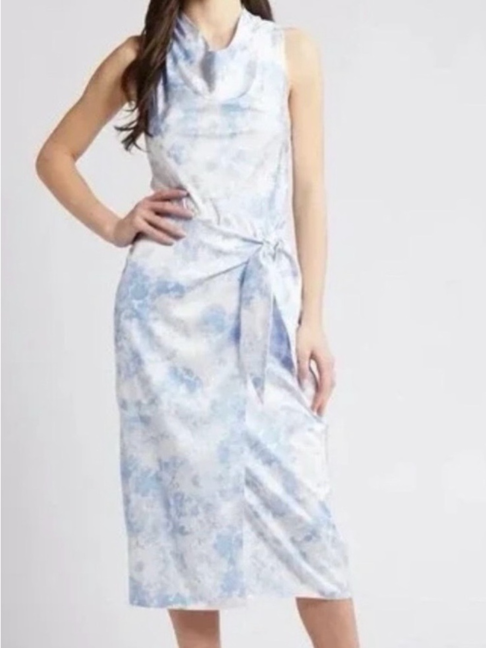 WAYF  Wrap Tie-Waist Dress Mock Neck Silky Midi Wedding Guest Light Blue Floral